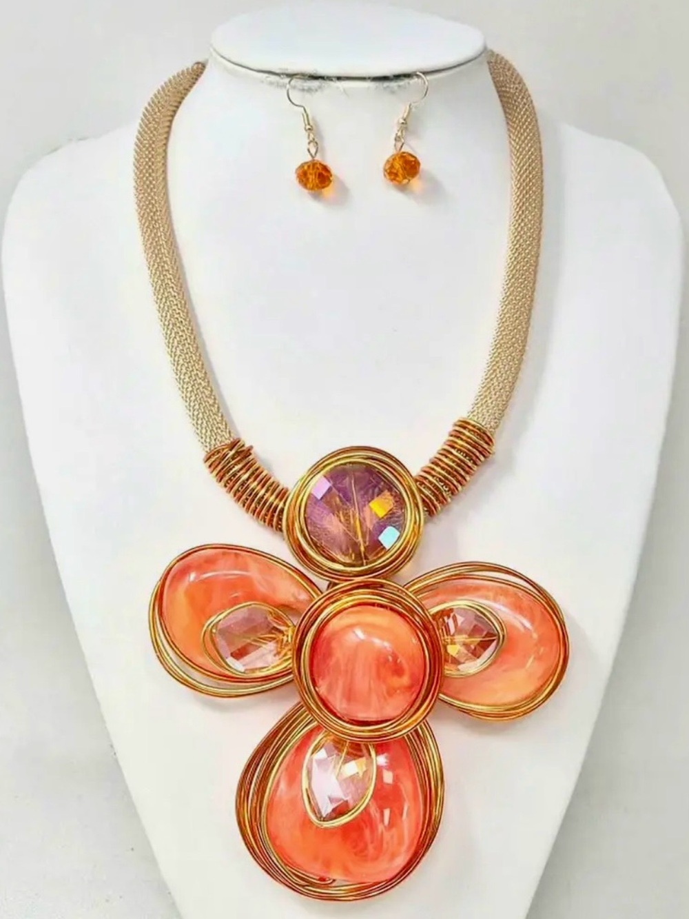 Gold-Tone Coral Flower Statement Necklace with Matching Earrings